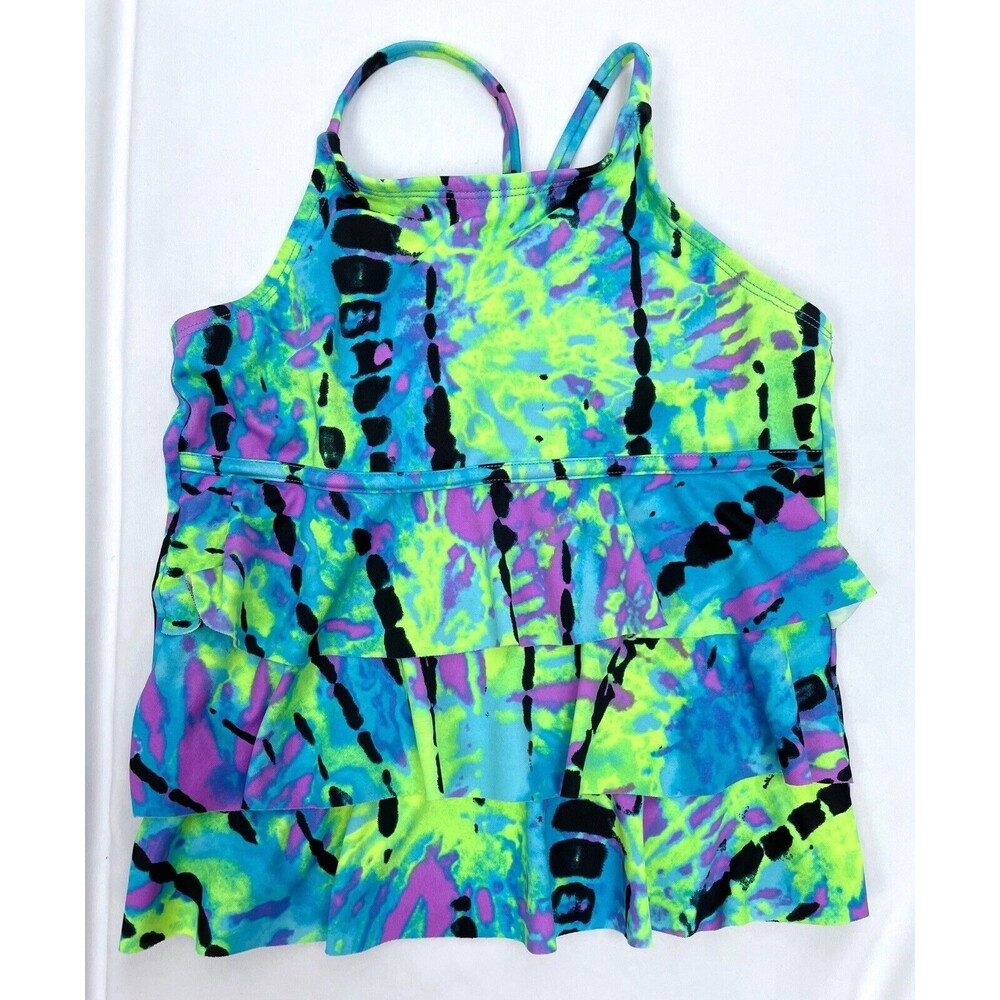 Justice Girl Size 10 Green‎ Blue Splatter Ruffle Tankini Swim Suit Top
